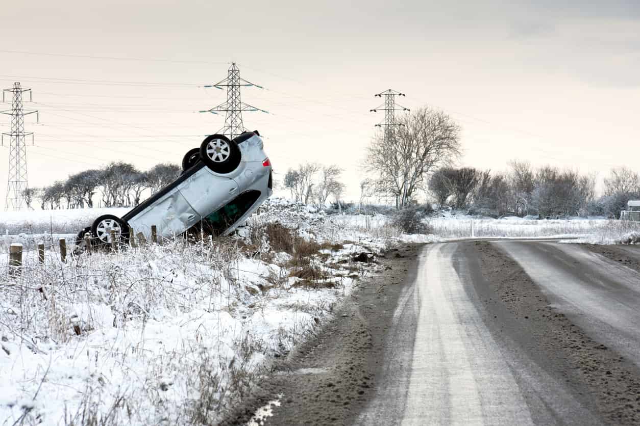 Winter car accident on icy road with vehicles and snow